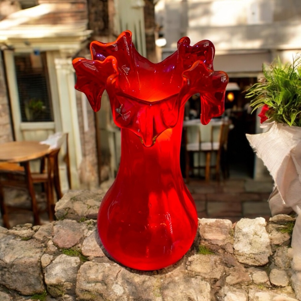 Vintage Fenton Amberina Glass Ruffled Handkerchief Vase MCM Red Orange